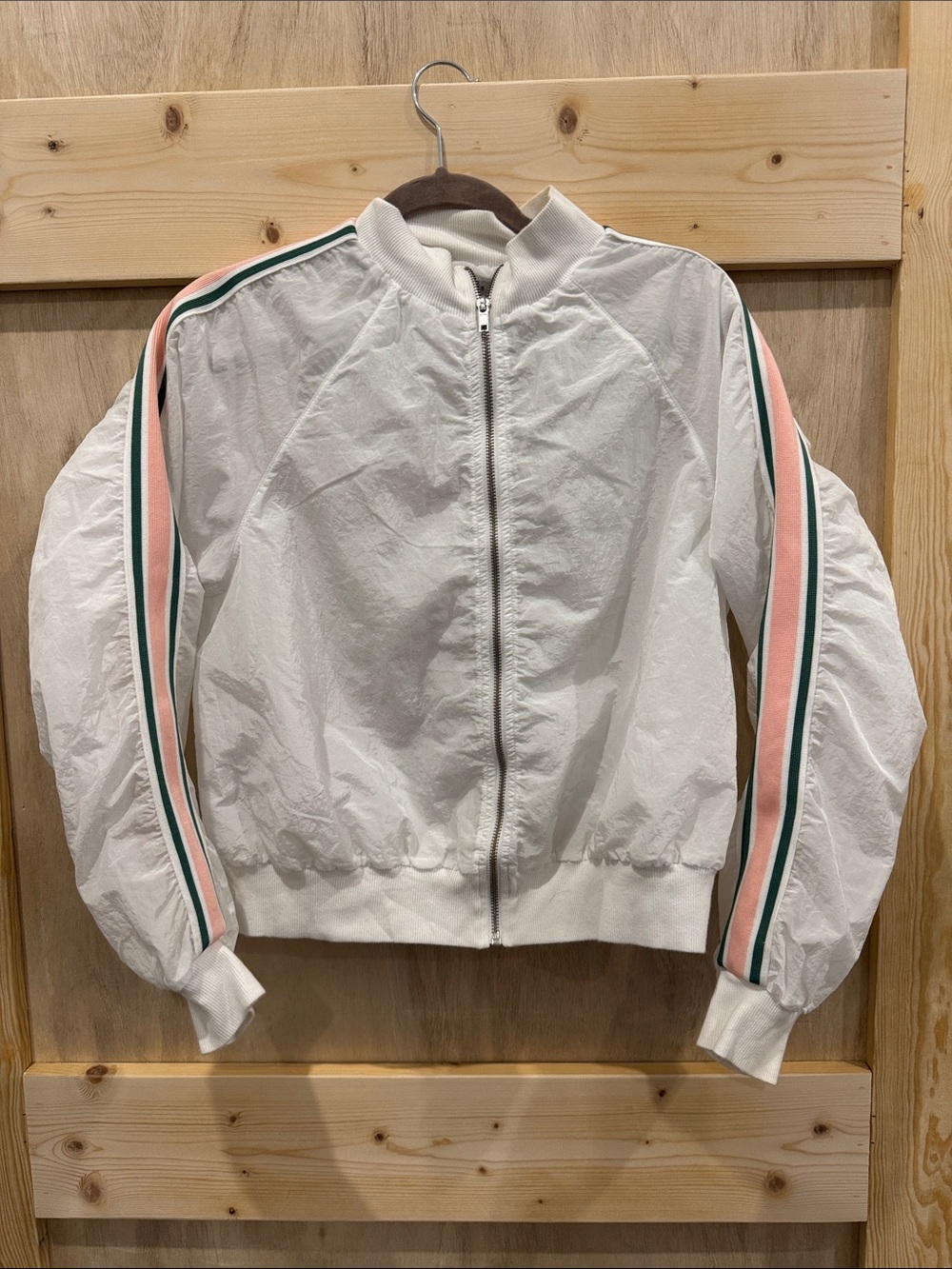 REVOLVE Vintage White Windbreaker Bomber Jacket with Pink & Green Sleeve Stripes